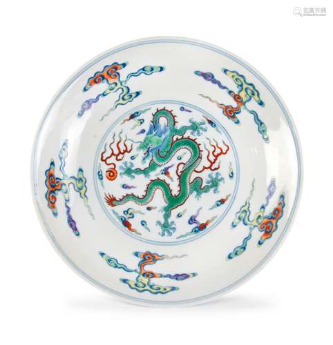 A VERY RARE DOUCAI 'DRAGON' DISH