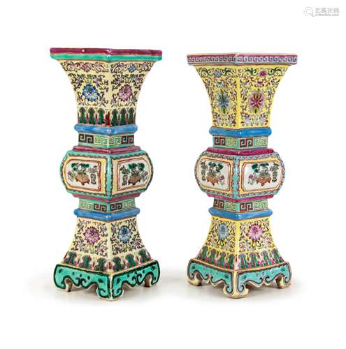 PAIR OF FAMILLE ROSE GU SHAPES CANDLE STANDS