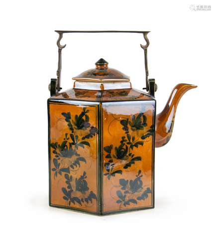 ORANGE AND TEA GLAZED KETTLE FORM WATERING POT