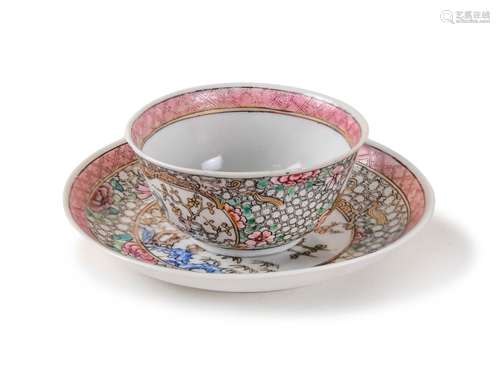 GILDED FAMILLE ROSE CUP AND SAUCER