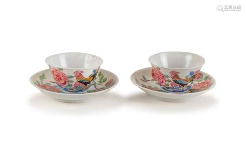 PAIR OF FAMILLE ROSE ROOSTER CUP AND SAUCER