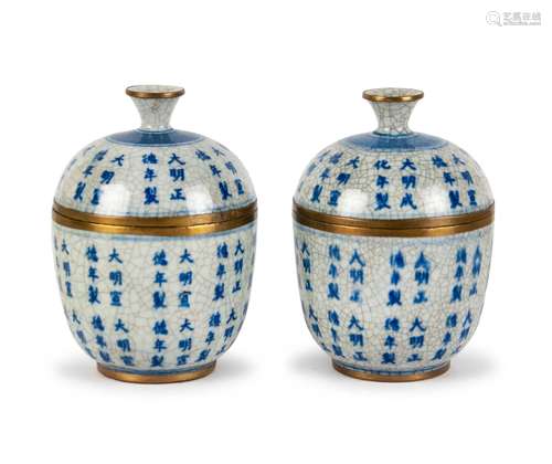 QING DYN PAIR BLUE AND WHITE TEA JARS