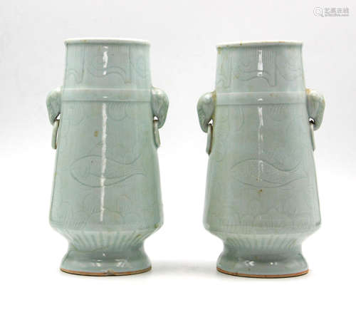 PAIR OF CELADON ELEPHANT HEAD VASES