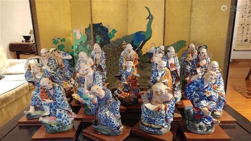 POLYCHROME ENAMELED SET OF 18 LUOHAN FIGURES