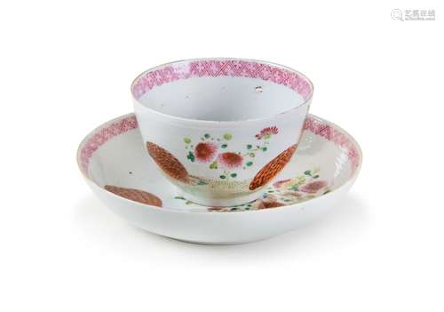 FAMILLE ROSE CUP AND SAUCER BUTTERFLIES AND QUAILS