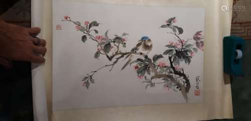 JIANG HAN DING PAINTING OF BIRD WITH FLOWERS