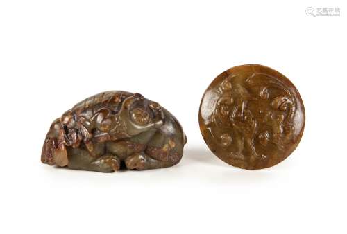 PAIR OF JADE CARVED ELEPHANT WITH BOY AND DISK