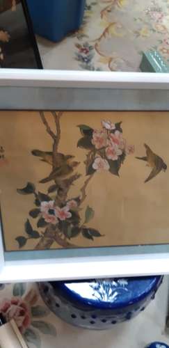 FRAMED CHINESE PAINT ON SILK BIRDS BLOSSOMS