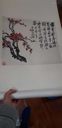 SCROLL PAINT ON PAPER BLOSSOMS AND CALLIGRAPHY