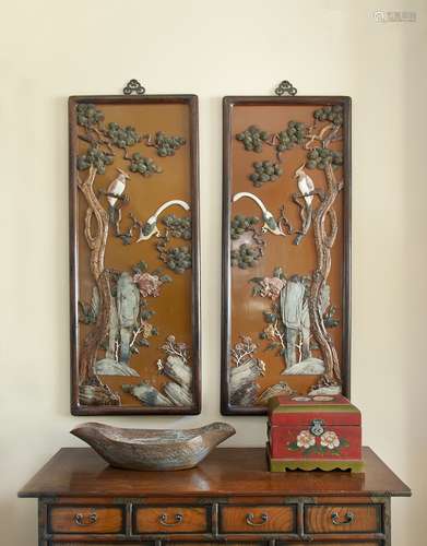 A PAIR OF HARDSTONE INSET LACQUER WOOD WALL PANELS