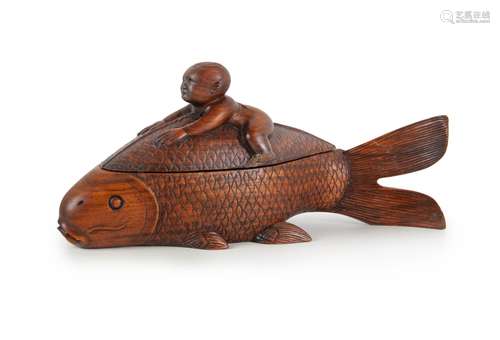 WOOD CARVED BOY RIDING LARGE CARP BOX