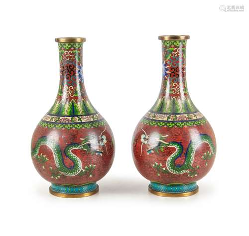 PAIR OF CLOISONNE DRAGON VASES