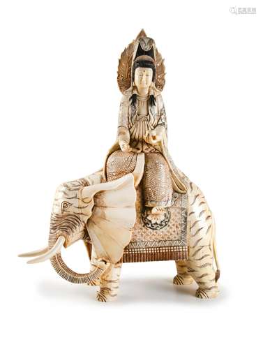 BONE CARVED GUANYIN RIDING A  ELEPHANT