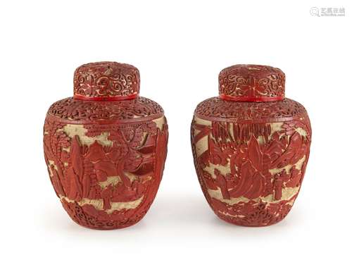 PAIR OF CHINESE CINNABAR LACQURE LIDDED JARS