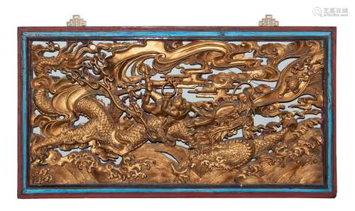 CARVED GILDED DRAGON, WOOD WALL PANNEL