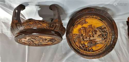 PAIR OF CARVED WOOD GLASS TOP TABLES