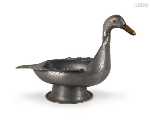 CHINESE PEWTER DUCK SHAPE CONTAINER