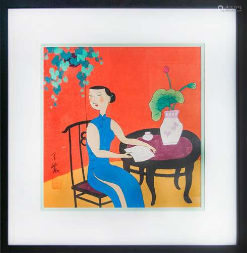 JAPANESE BLOCK PRINT OF LADY AT TABLE