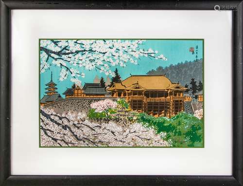 JAPANESE WOOD BLOCK PRINT OF TEMPLE AND BLOSSOMS