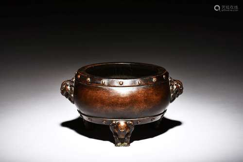 BRONZE CAST TRIPOD CENSER WITH LION HANDLES