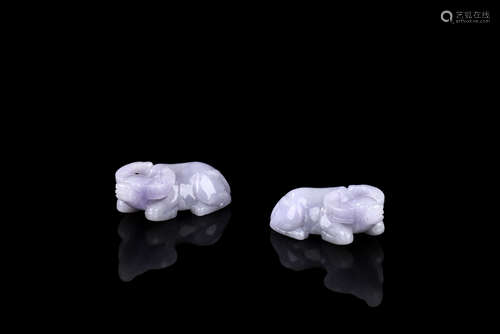 PAIR OF LAVENDER JADE CARVED 'WATER BUFFALO' FIGURES