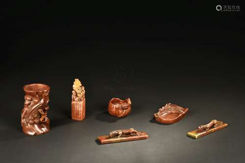 SET OF SIX SHOUSHAN SOAPSTONE CARVINGS