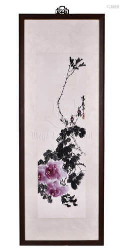 WU PING: FRAMED 'PEONY FLOWERS' PAINTING