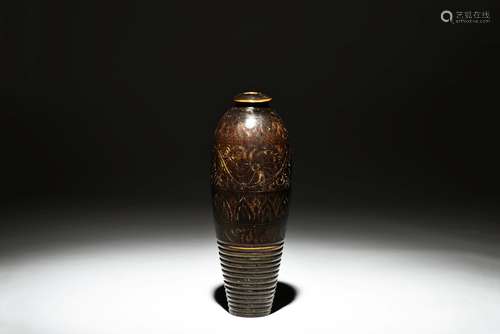 BLACK GLAZED 'FLOWERS' BOTTLE VASE