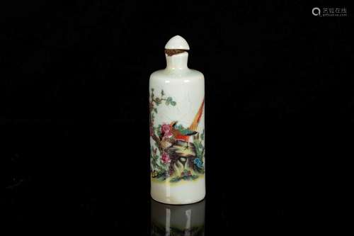 A FAMILLE ROSE MOLDED PORCELAIN SNUFF BOTTLE