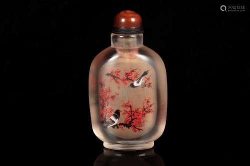 A INSIDE-PAINTED 'FLOWER AND BIRD' GLASS SNUFF BOTTLE