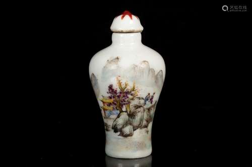 A FAMILLE ROSE MOLDED 'LANDSCAPE' PORCELAIN SNUFF BOTTLE