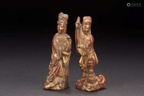 TWO CHINESE GILT WOOD CARVED FIGURES