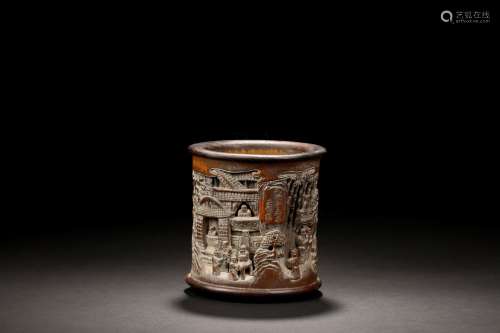 BAMBOO RELIEF CARVED 'BAMBOO GROVE' BRUSH POT