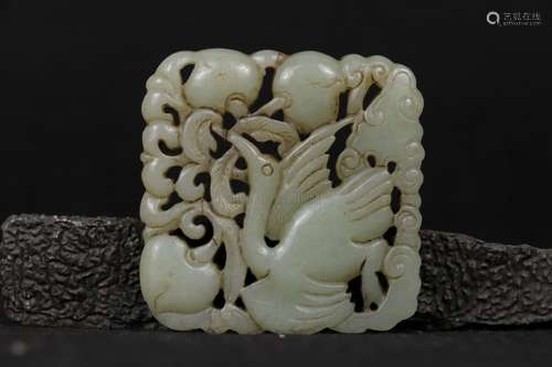 A WHITE JADE OPENWORK 'PINE AND SWAN' PLAQUE