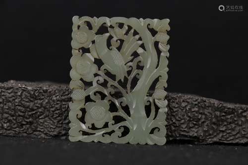 A CARVED WHITE JADE 'FLOWER AND FISH' RECTANGULAR PLAQUE