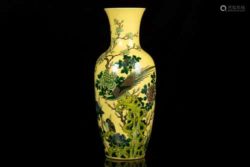 A YELLOW GROUND 'FLOWER AND BIRD' VASE