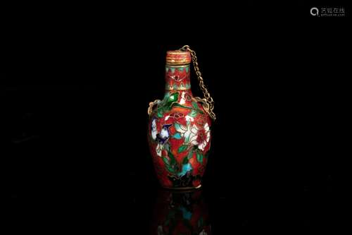 AN ENAMELED BRONZE 'FLOWER AND BIRD' SNUFF BOTTLE