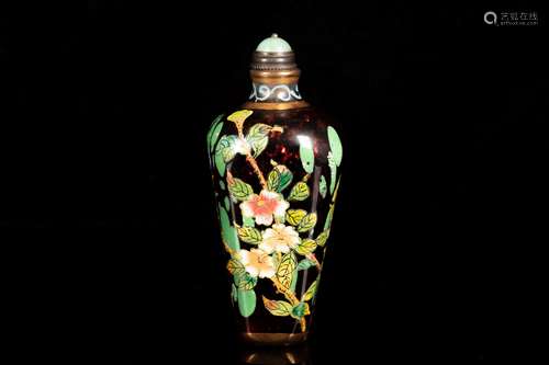 A ENAMELED RED GLASS 'FLOWER AND BIRD' SNUFF BOTTLE