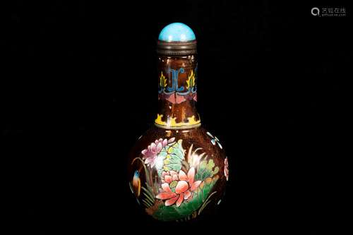 A FLOWER OVERLAY BROWN GLASS SNUFF BOTTLE