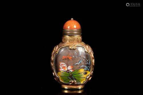 A BRONZE WITH GLASS-PANEL SNUFF BOTTLE