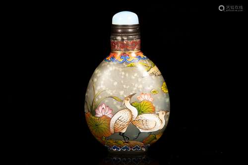 A ENAMELED GLASS 'LOTUS AND BIRD' SNUFF BOTTLE