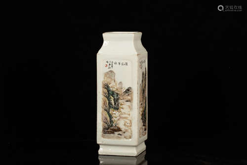 A FAMILLE ROSE RECTANGULAR LANDSCAPE VASE