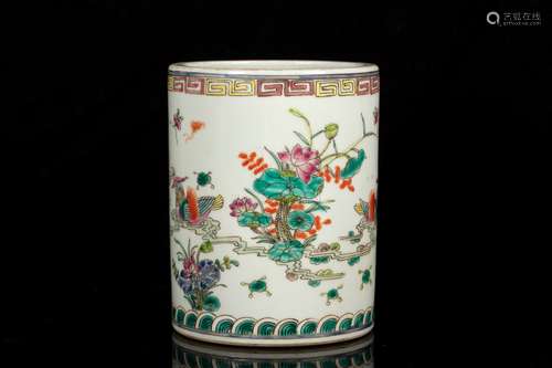 A FAMILLE ROSE 'LOTUS' BRUSH POT