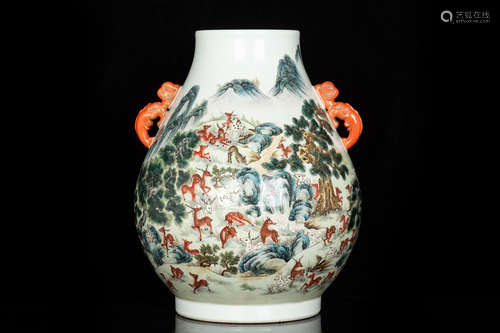 FAMILLE ROSE 'HUNDRED DEER' VASE, ZUN