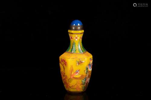 A HEXAGONAL YELLOW GROUND 'FLOWER AND BIRD' SNUFF BOTTLE