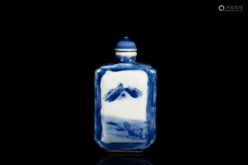 A BLUE AND WHITE MOLDED 'LANDSCAPE' PORCELAIN SNUFF BOTTLE