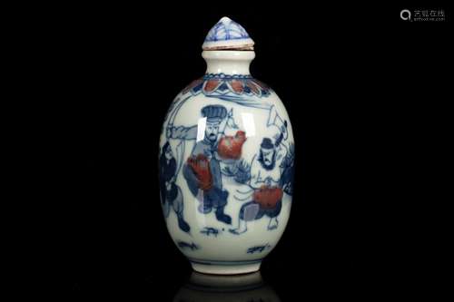 A BLUE AND WHITE AND IRON RED 'FIGURAL' SNUFF BOTTLE