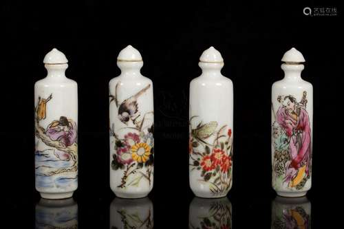 FOUR FAMILLE ROSE MOLDED 'FLOWER , BIRD AND FIGURE' PORCELAIN SNUFF BOTTLE