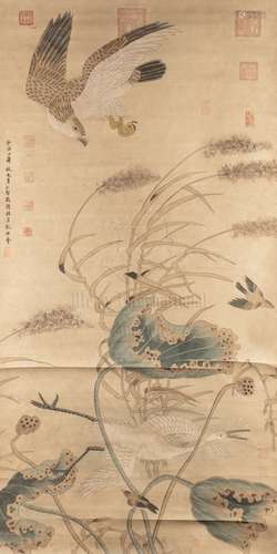 A CHINESE PAINTING OF EAGLE AND CRANE