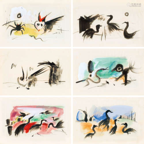 丁雄泉 1951年 动物与人性系列一（6张） 纸本水彩